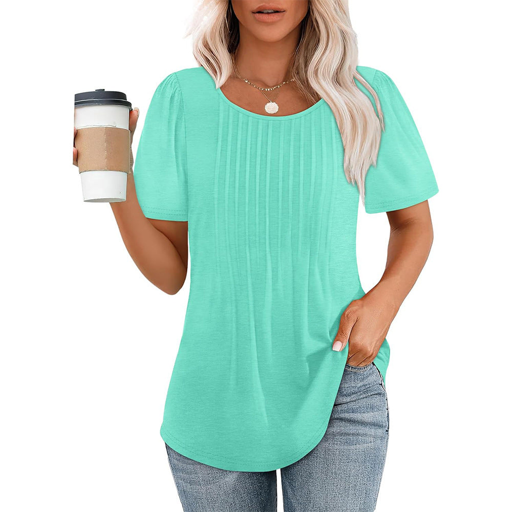 Womens Pleated Round Neck T-Shirt