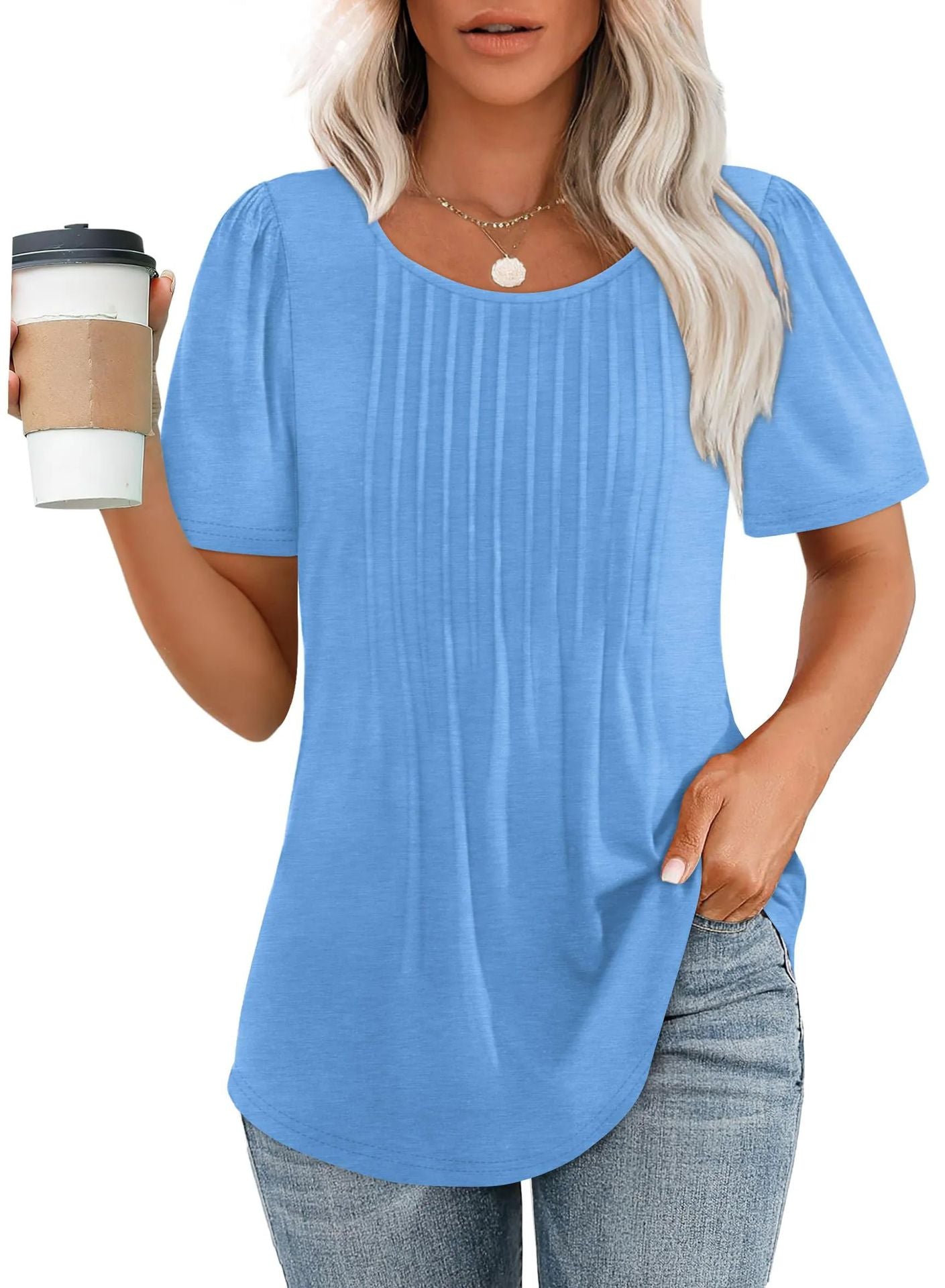 Womens Pleated Round Neck T-Shirt