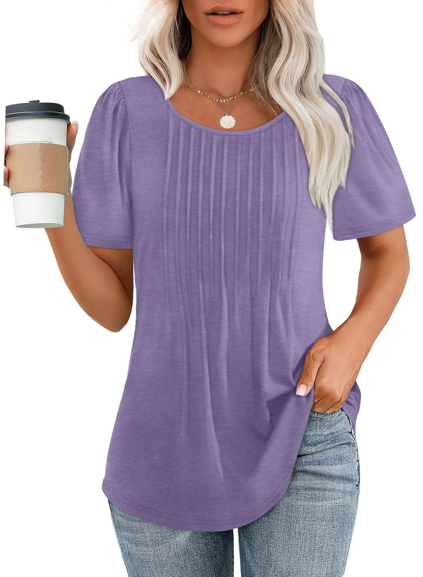 Womens Pleated Round Neck T-Shirt